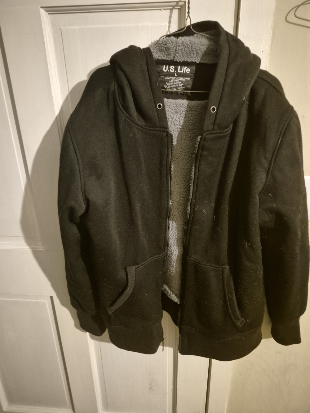 Mens U.S Life Black Sherpa-Lined Hooded Jacket Size L Hood Has No String